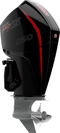 2019 Mercury 250hp ProXS V-8 FourStroke outboard motor in black with red accent decals
